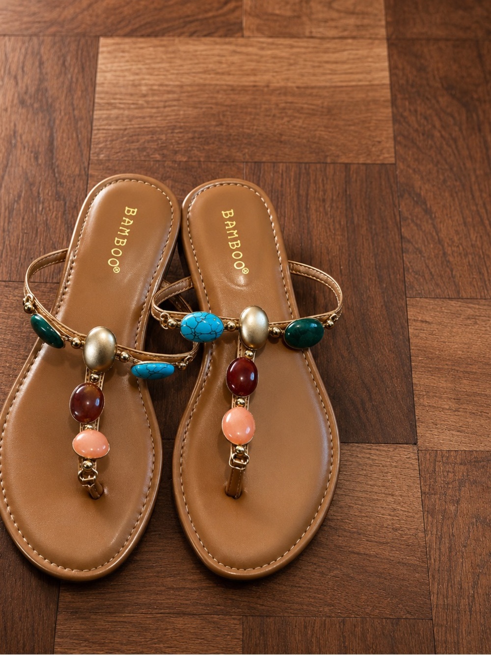 BAMBOO Tan Sandals with Multicolor Stone Beads